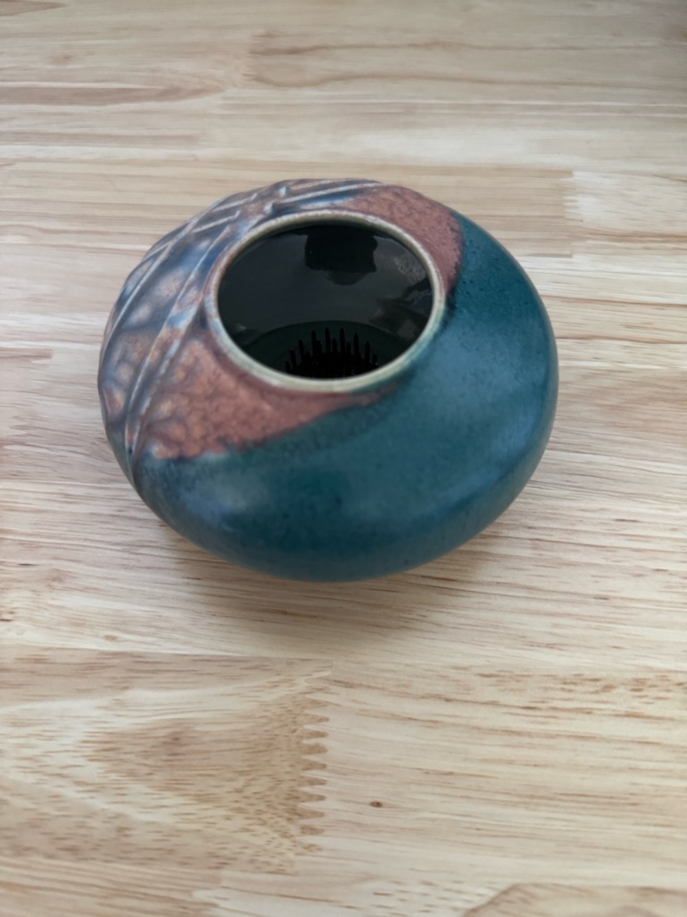 Handmade Studio Artisan Signed Squat Pot Vase with Pin Frog 90's
